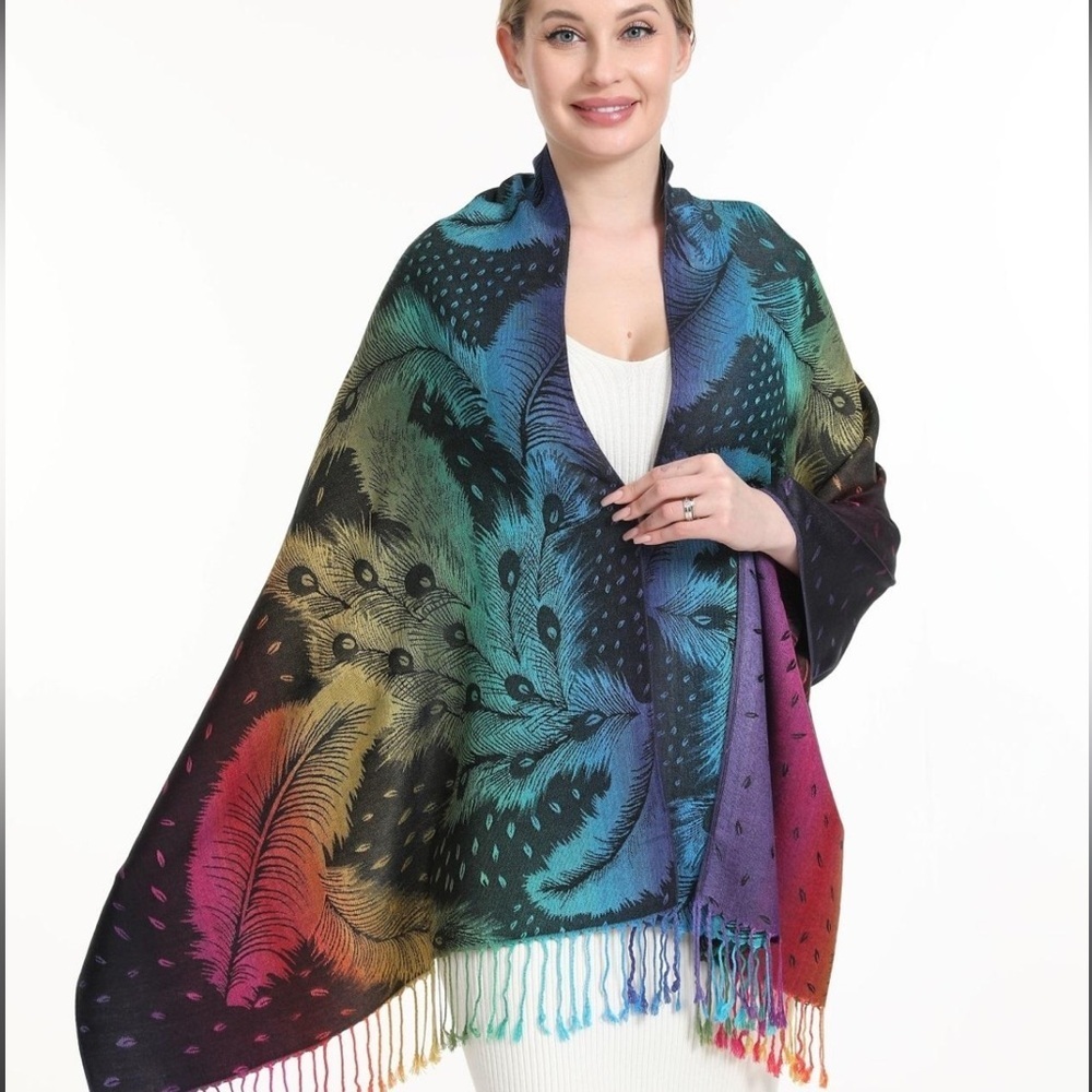 Peacock Feather Rainbow Pashmina Shawl Wrap Scarf Fringe Size OS - Picture 11 of 11